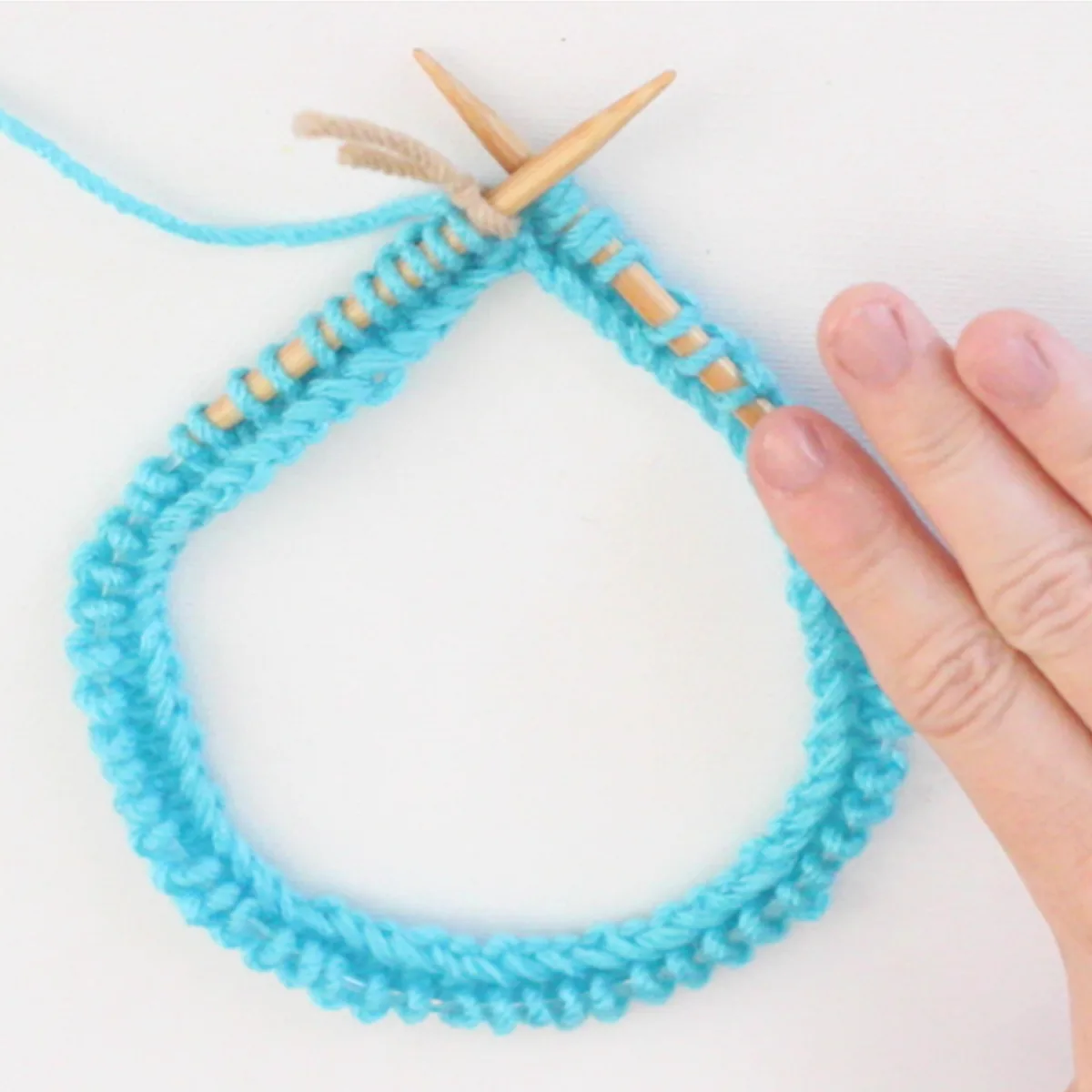 Circular Knitting Needle with blue color yarn cast on and woman's hand