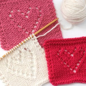 Lace Heart Knit Stitch Pattern squares in white, pink, and red yarn colors.