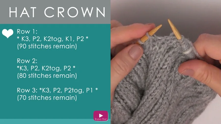 Knitting the crown of a hat on circular needles.