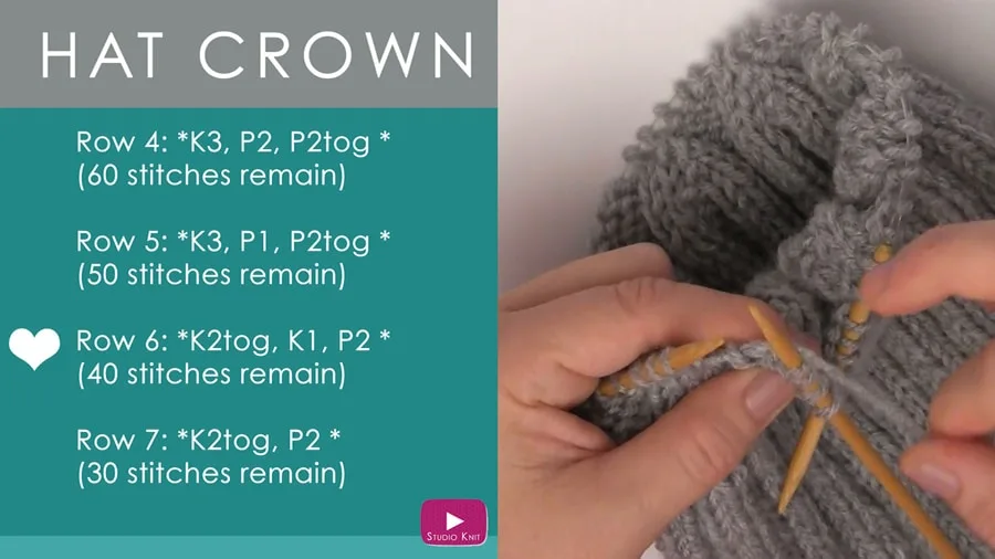 Knitting the crown of a hat on circular needles.