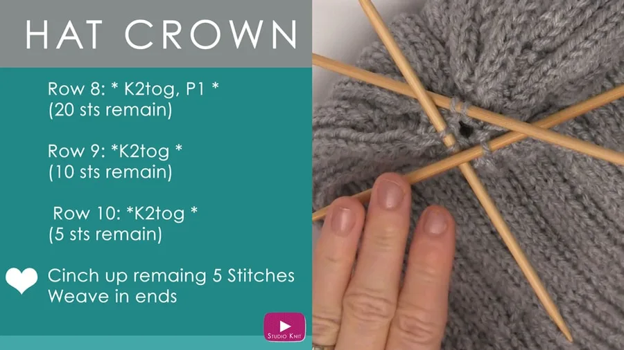 Knitting the top of a hat with double pointed needles.