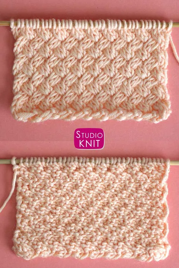 Right and wrong sides of the Diagonal Basket Weave Knit Stitch Pattern by Studio Knit