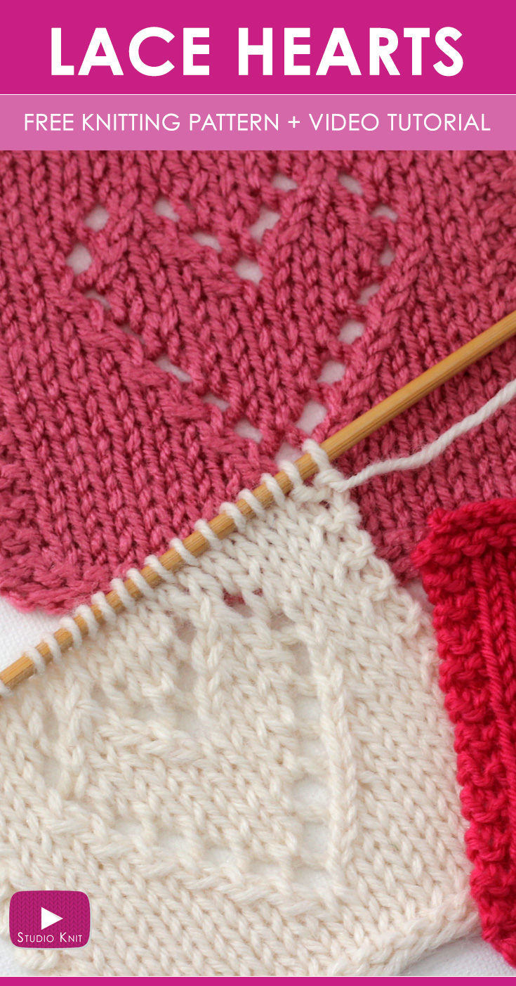 Hearts Lace Knitting Patterns with knitted swatches in pink and white yarn