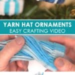 Yarn Hat Ornaments on pine tree and being constructed by hands.