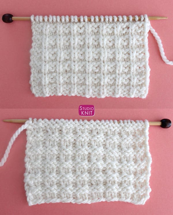 Right and Wrong Sides of Waffle Knit Stitch Pattern.