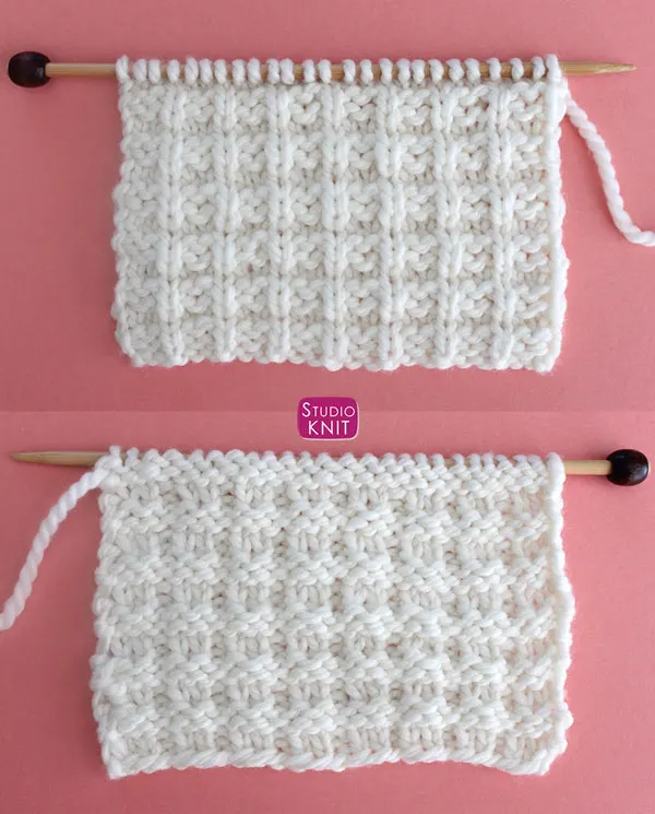 Right and Wrong Sides of Knitted Work - Waffle Knit Stitch Pattern by Studio Knit with Free Pattern and Video Tutorial.
