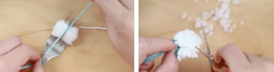 Making a pom pom with yarn and a fork
