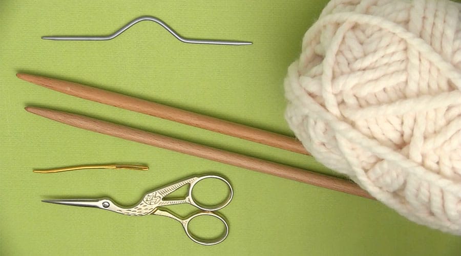 A metal cable needle, straight knitting needles, tapestry needle, stork scissors, and white ball of yarn