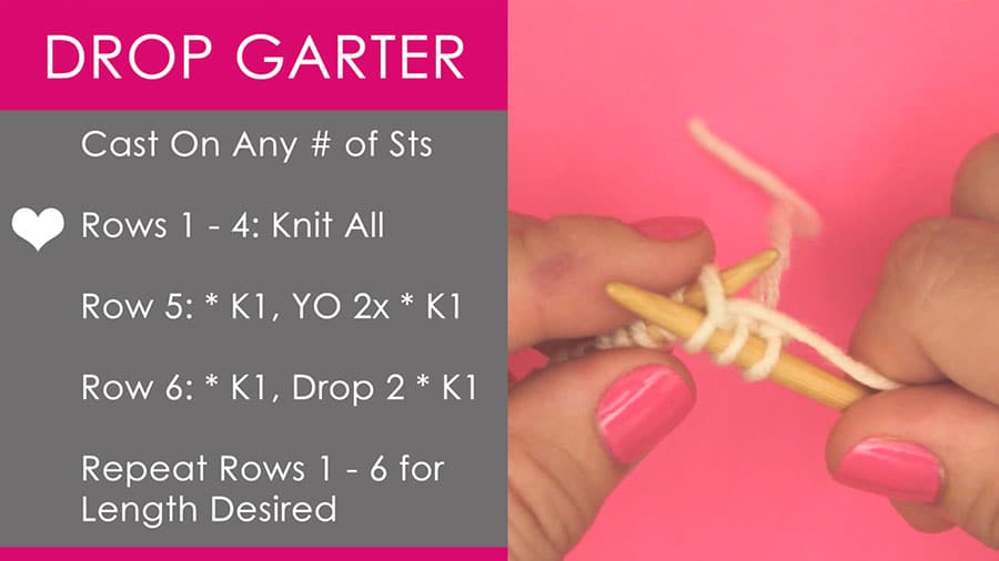 Knitting stitches to make the Drop Stitch Garter pattern.