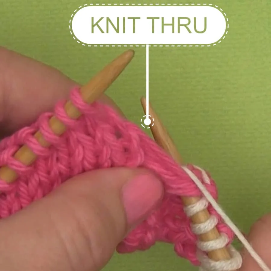 Knit Thru the stitch with yarn and knitting needle.