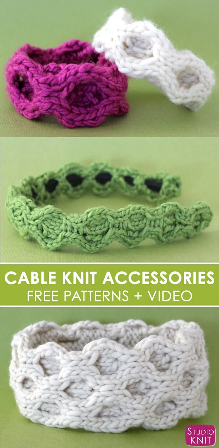 Cable Knit Accessories free patterns and video with knitted honeycomb stitch hairband and bracelets