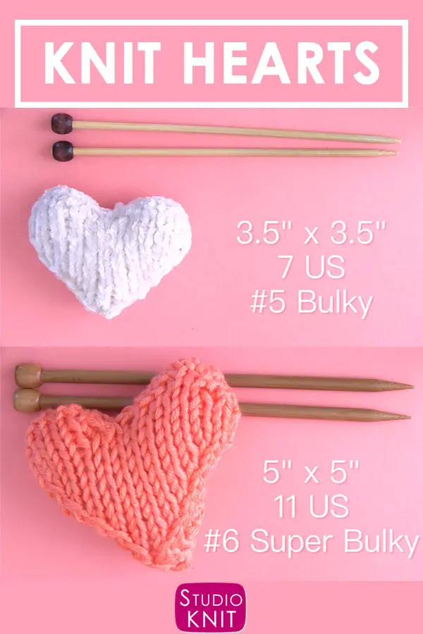 Knit Heart Softies Sizes with Bulky and Super Bulky Weight Yarns by Studio Knit.