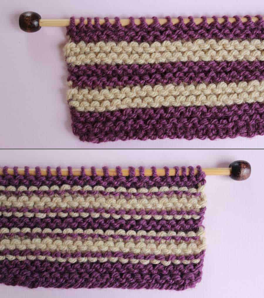 Right and Wrong Sides of Garter Knit Stitch Pattern with Stripes. How to Remove Purl Dash Lines - Knit Stripes with Studio Knit