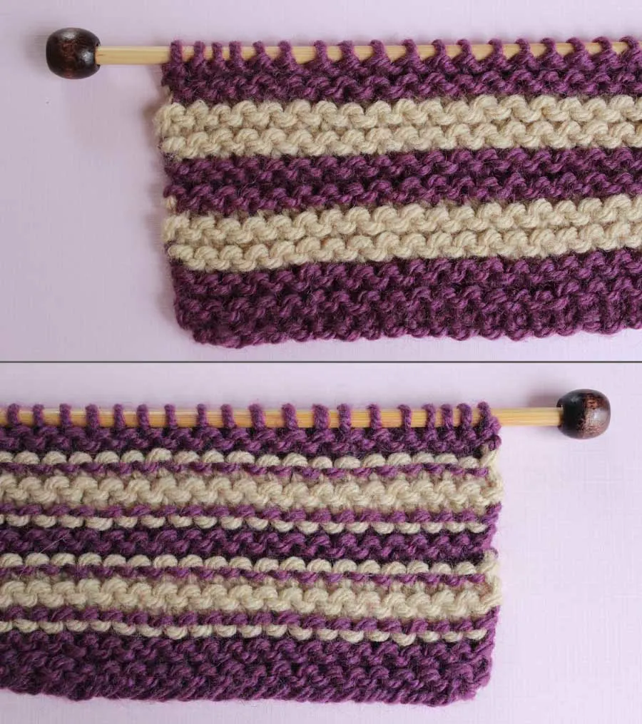 Right and Wrong Sides of Garter Knit Stitch Pattern with Stripes. How to Remove Purl Dash Lines - Knit Stripes with Studio Knit