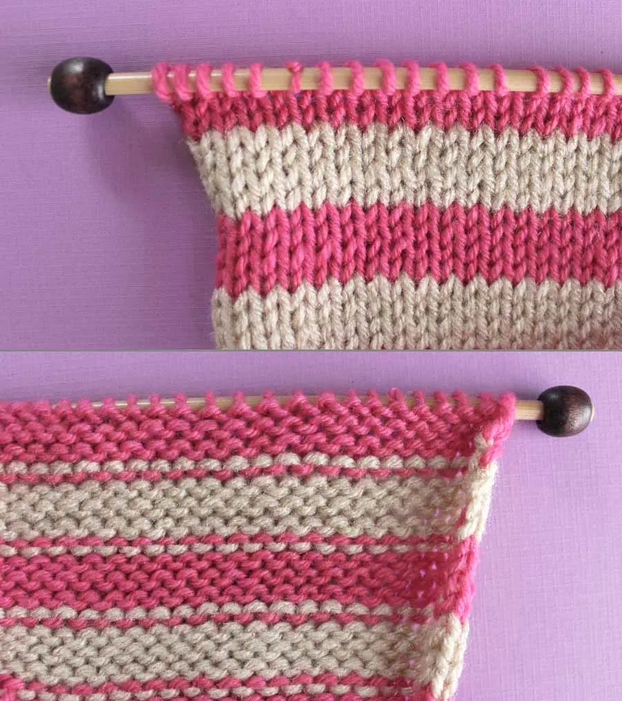 Right and Wrong Sides of Stockinette Knit Stitch Pattern with Stripes. How to Remove Purl Dash Lines - Knit Stripes with Studio Knit