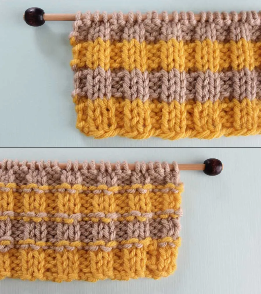Right and Wrong Sides of 2X2 Rib Knit Stitch Pattern with Stripes. How to Remove Purl Dash Lines - Knit Stripes with Studio Knit