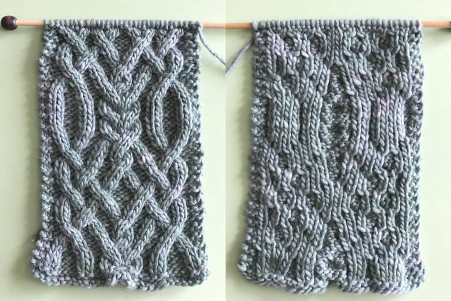 Right and Wrong Sides of the Learn How to Knit this Fancy Celtic Cable Pattern by Studio Knit with FREE written and chart pattern