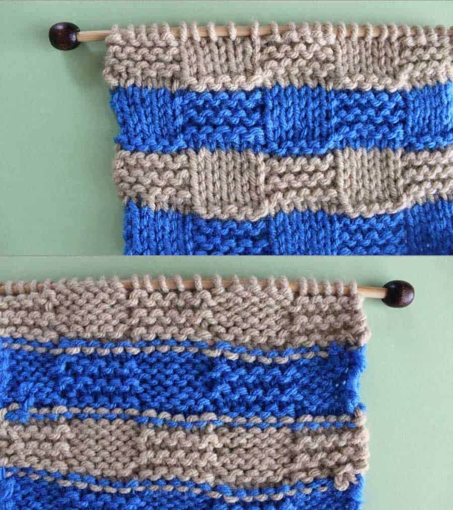 Right and Wrong Sides of Checkerboard Knit Stitch Pattern with Stripes. How to Remove Purl Dash Lines - Knit Stripes with Studio Knit