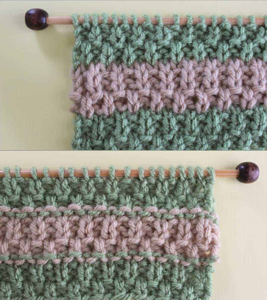 Right and Wrong Sides of Irish Moss Knit Stitch Pattern with Stripes. How to Remove Purl Dash Lines - Knit Stripes with Studio Knit