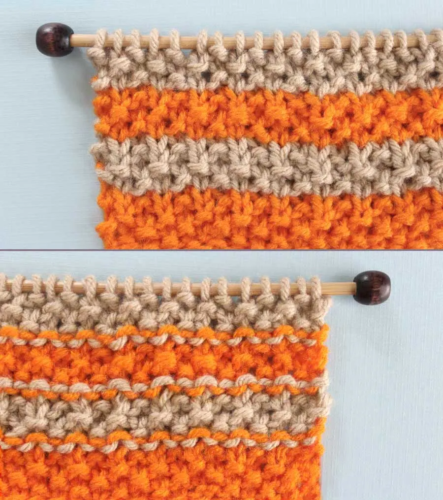 Right and Wrong Sides of Seed Knit Stitch Pattern with Stripes. How to Remove Purl Dash Lines - Knit Stripes with Studio Knit