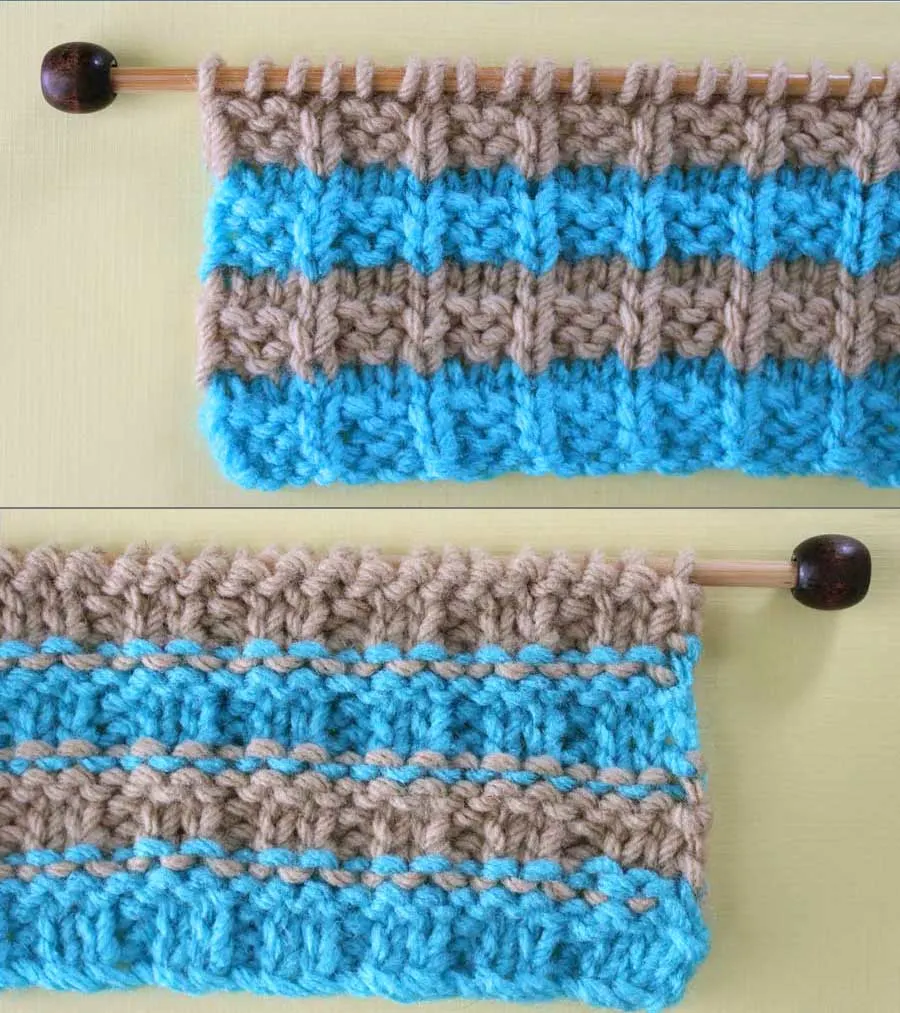 Right and Wrong Sides of Waffle Knit Stitch Pattern with Stripes. How to Remove Purl Dash Lines - Knit Stripes with Studio Knit