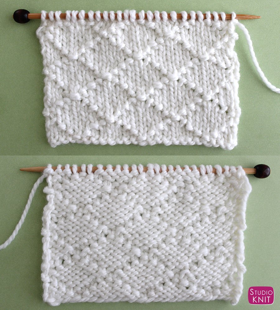 Right and Wrong Sides of Diamond Brocade Knit Stitch Pattern with Chart by Studio Knit