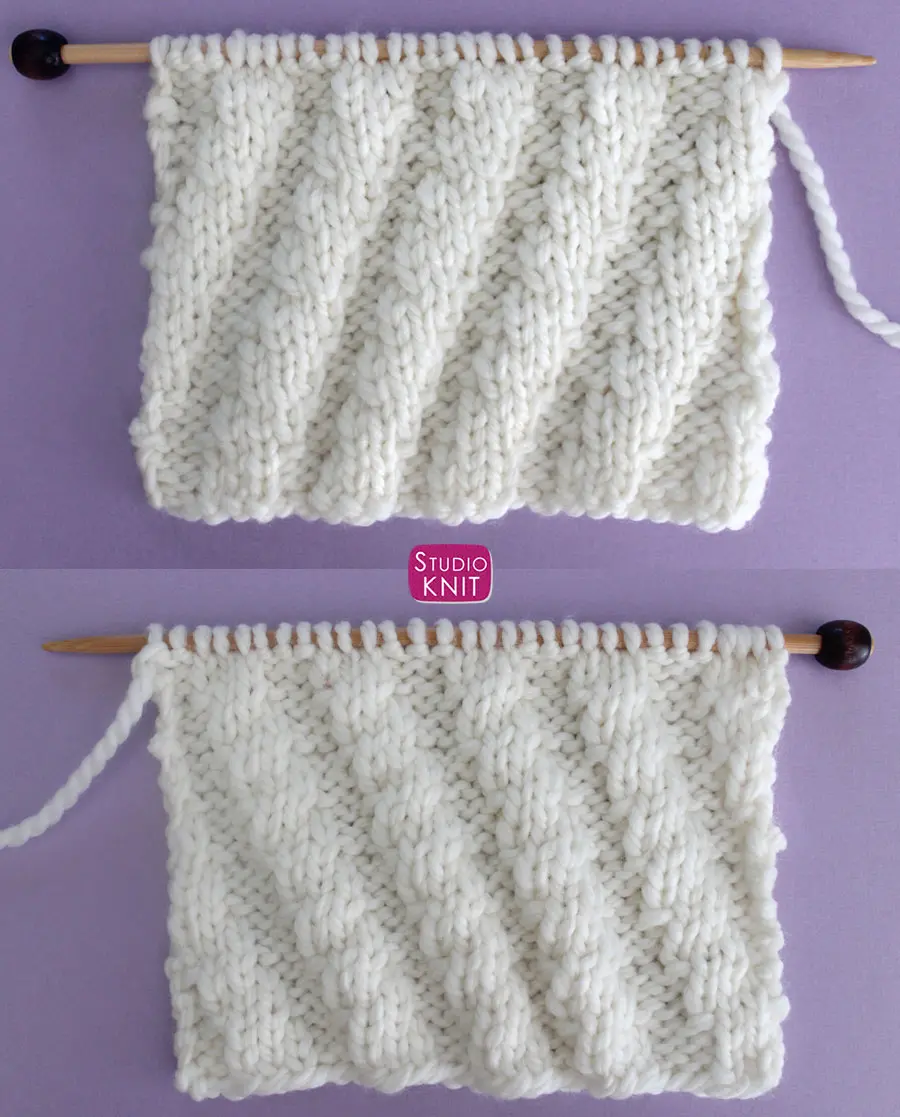 The Diagonal Spiral Rib Knit Stitch is a reversible pattern