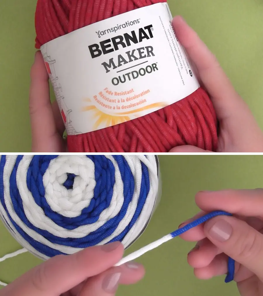 Bernat Maker Outdoor Yarn in Colors Beach Red, White, and Royal Blue