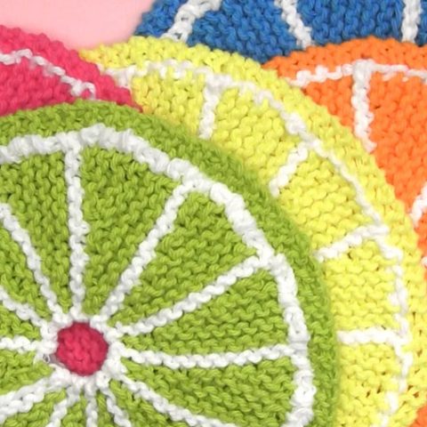 Learn How to Knit Fruit Citrus Slices with Easy Free Pattern + Knitting Video Tutorial with Studio Knit.