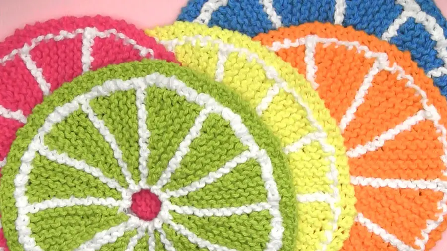 Learn How to Knit Fruit Citrus Slices with Easy Free Pattern + Knitting Video Tutorial with Studio Knit.
