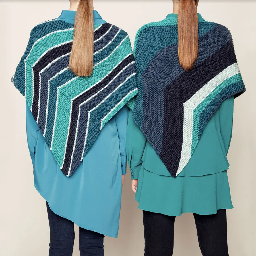 Caron x Pantone Asymmetrical Knit Shawl in yarn colors Morning Blues