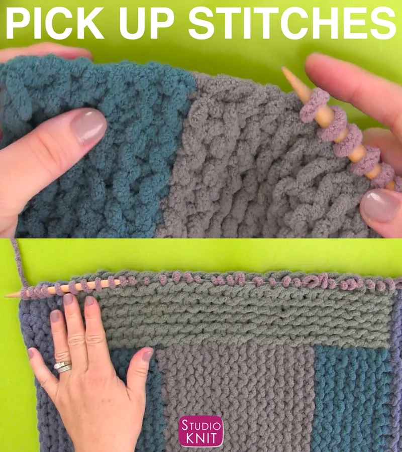 Learn Picking Up Stitches Knitting Technique for the Log Cabin Square with Studio Knit in the Bernat Stitch Along.