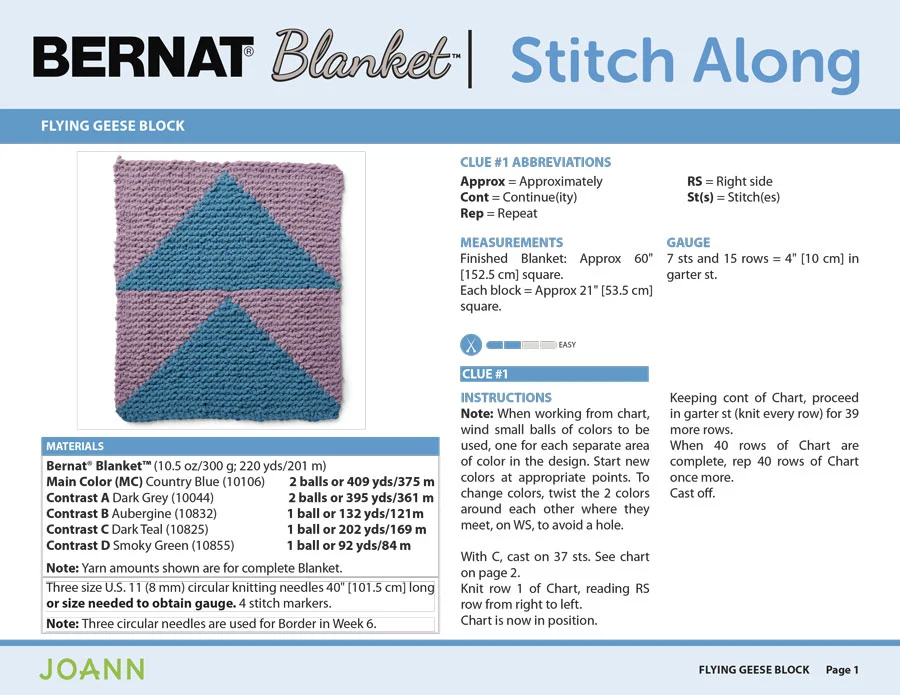 Knitting Pattern for the Flying Geese Block in the Bernat Stitch Along by JOANN with Studio Knit