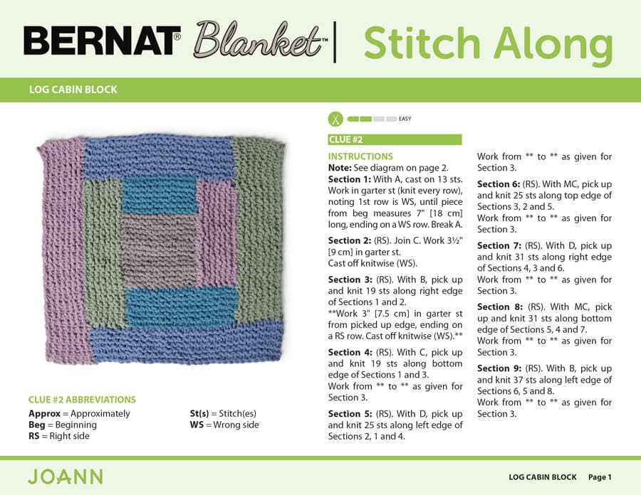 Knitting Pattern for the Log Cabin Block in the Bernat Stitch Along by JOANN with Studio Knit