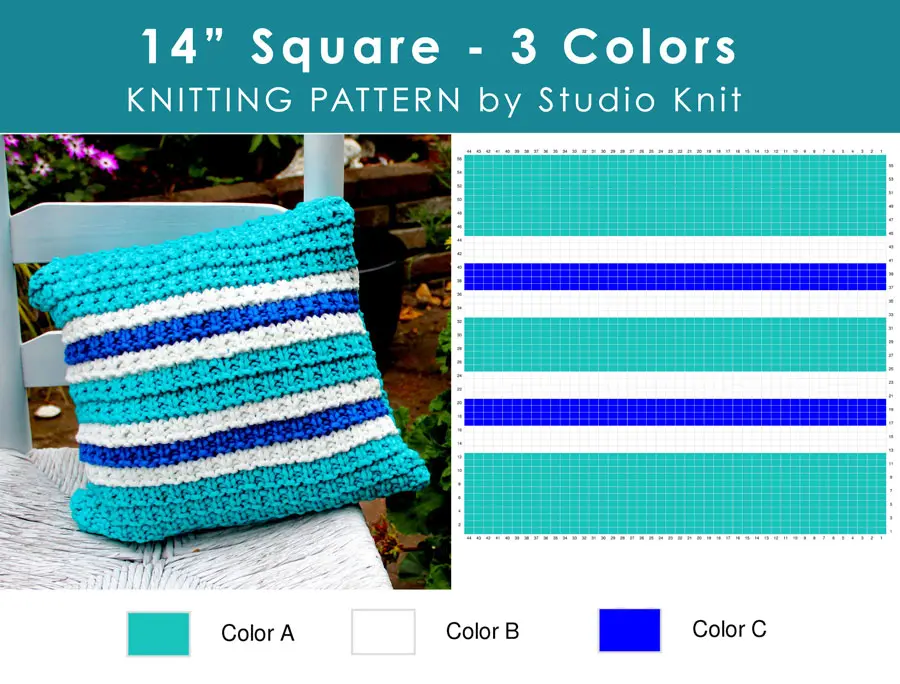 Chart of Hurdle Knit Stitch Pattern Pillow 14" Square Pillow with 3 Colors by Studio Knit