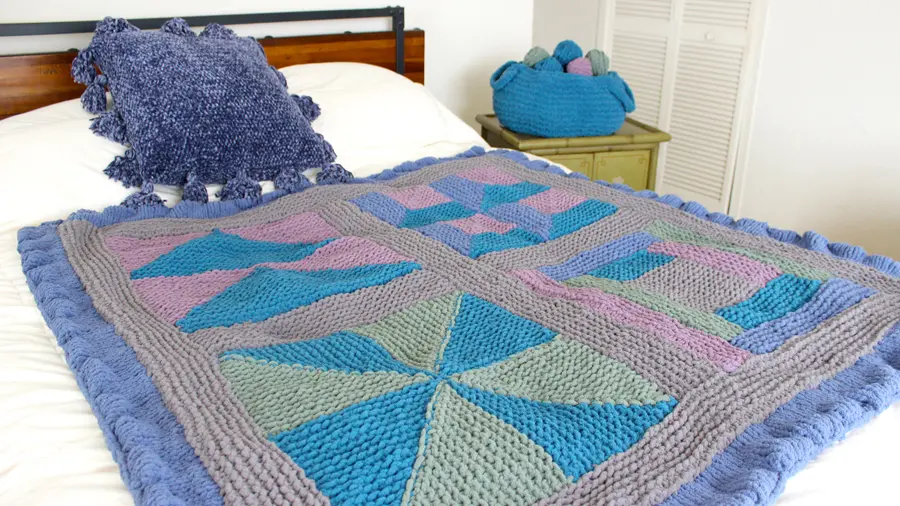 Learn how to knit a blanket, pillow, and basket in the Bernat Stitch Along with Free knitting patterns and video tutorials by Studio Knit