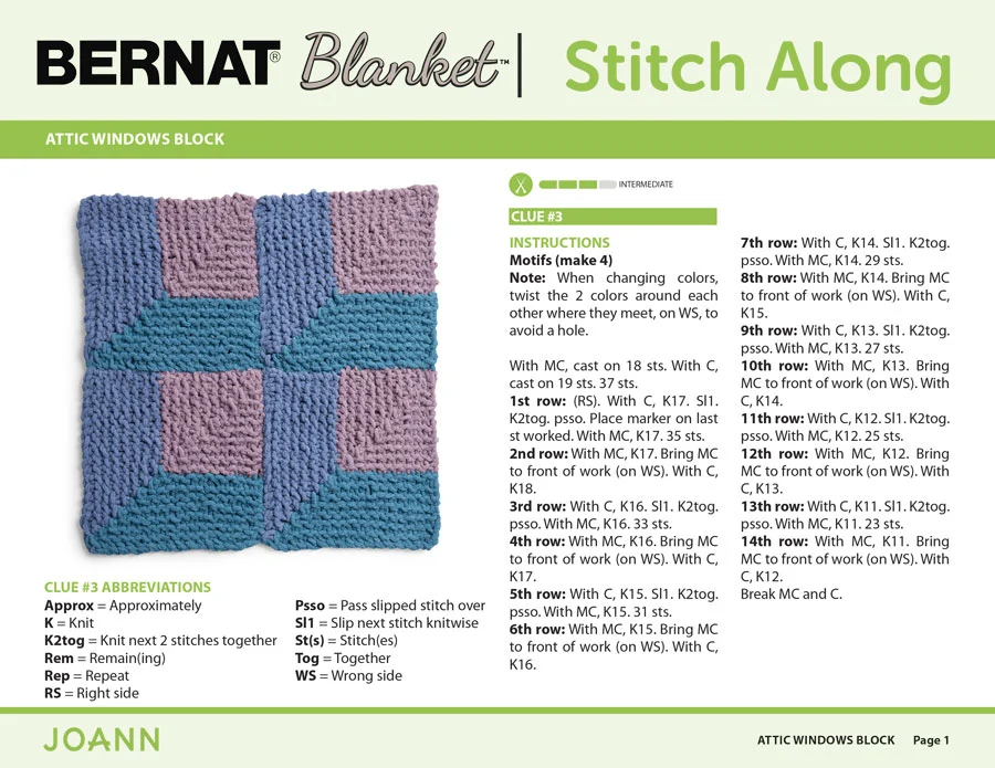Knitting Pattern for Attic Windows Block in the Bernat Stitch Along by JOANN with Studio Knit