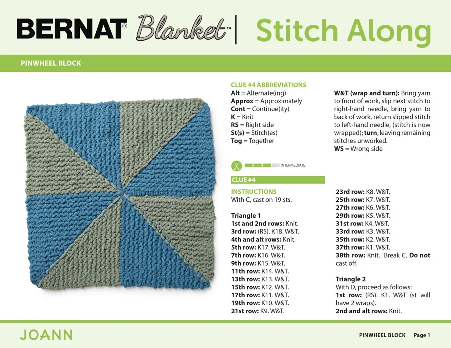 Knitting Pattern for the Pinwheel Block in the Bernat Stitch Along by JOANN with Studio Knit