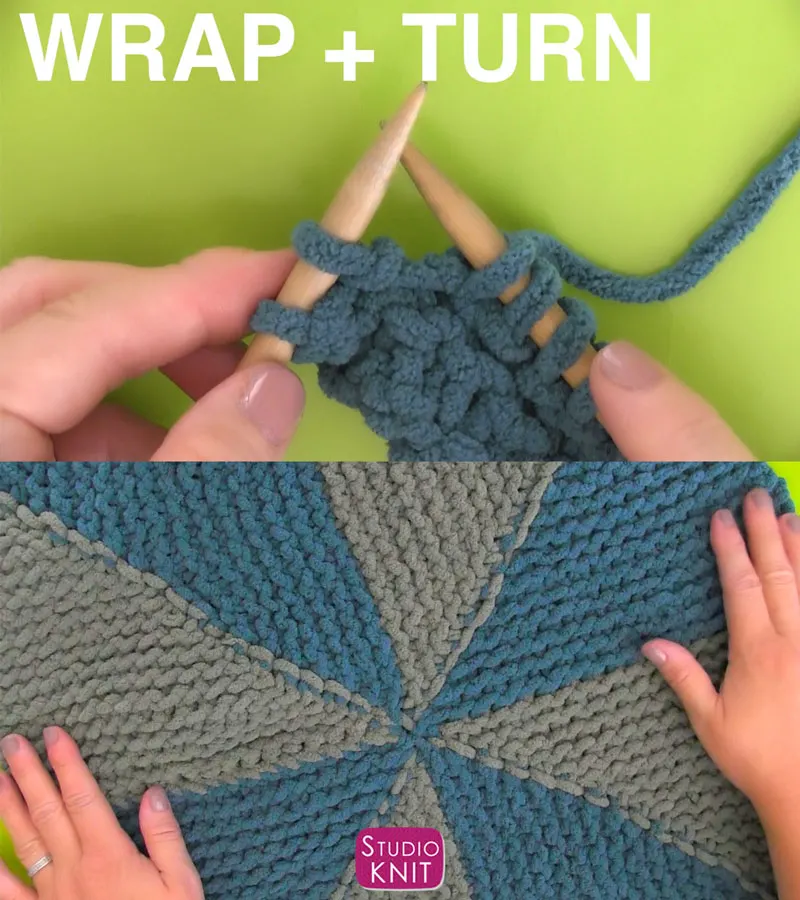 Learn Wrap and Turn Technique for the Pinwheel Square with Studio Knit in the Bernat Stitch Along.