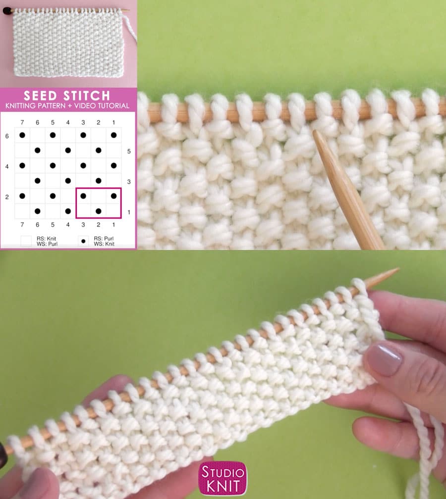 Seed Stitch texture swatch with knitting chart graph