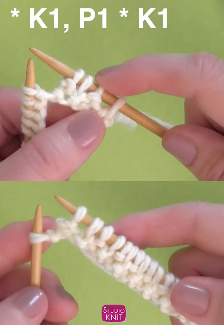 hands holding straight knitting needles with stitches in white yarn starting to knit the seed stitch pattern rows