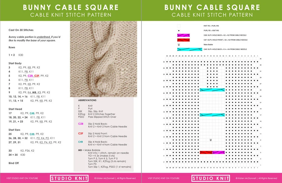 Download Bunny Cable Pattern and Chart by Studio Knit