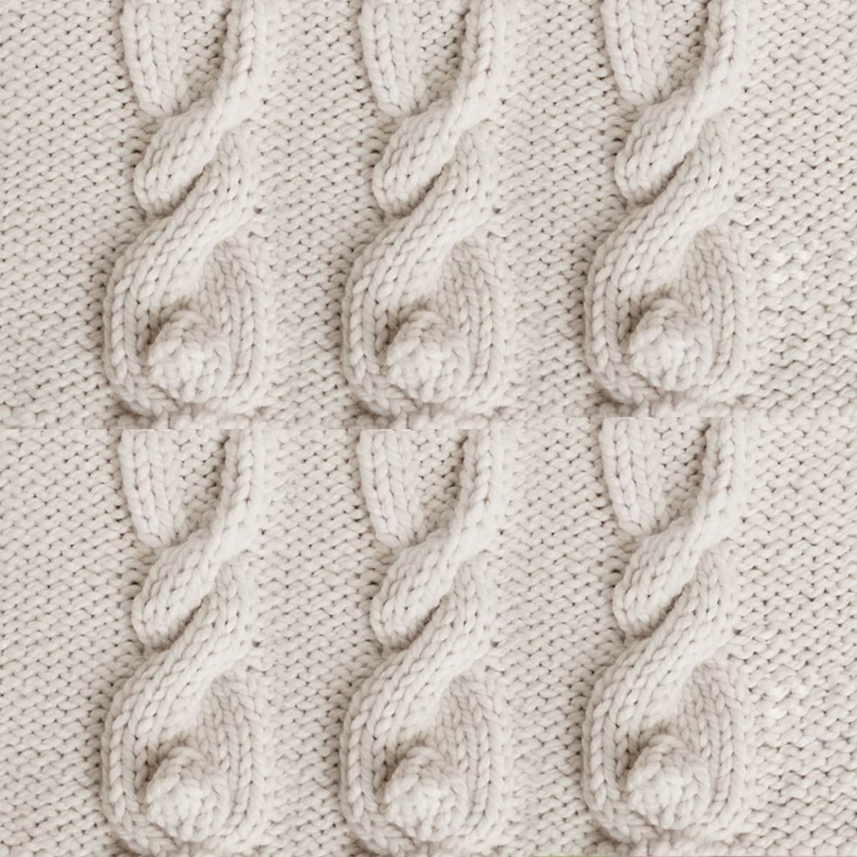 Six Knitted Bunny Cable Patterns in beige color yarn.