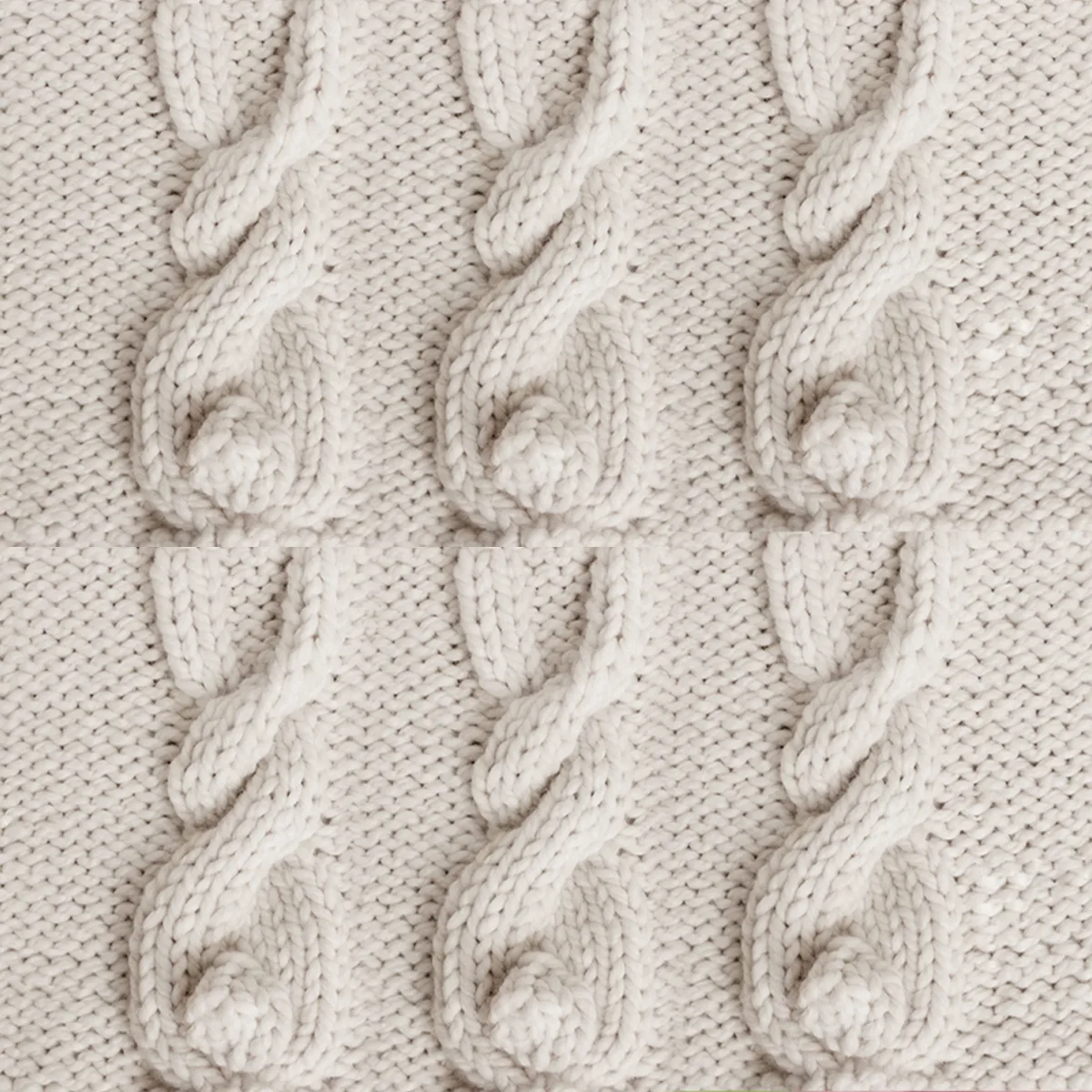 Six Knitted Bunny Cable Patterns in beige color yarn.