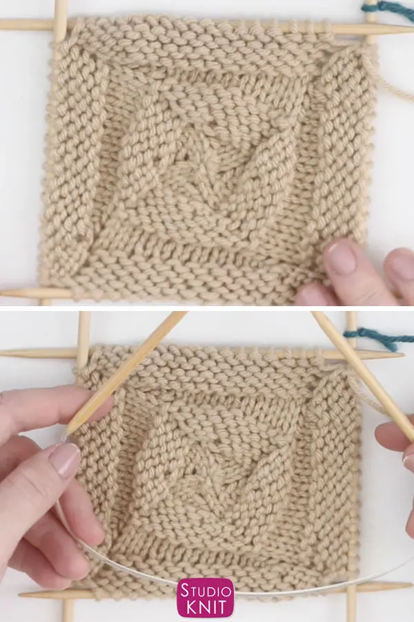 Switching from Double Pointed Needles to Circular Needles for the Swirly Square Knit Stitch Pattern