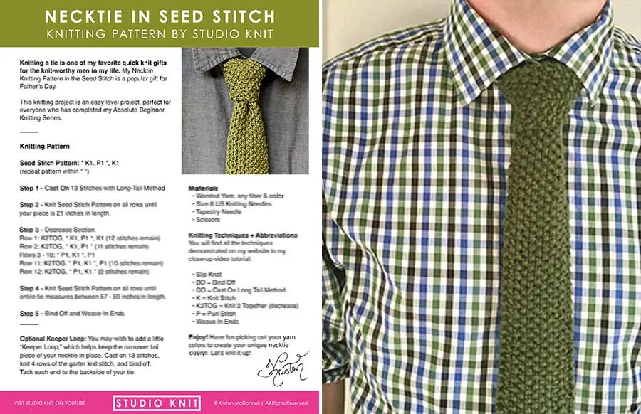 Knitting Tie Pattern in Seed Stitch Download by Studio Knit