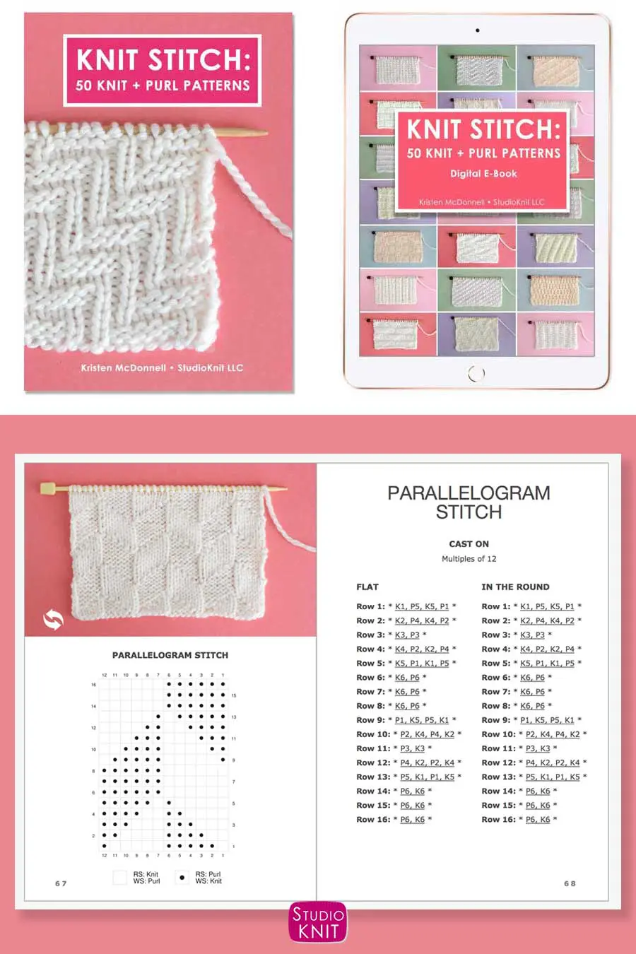 Knit Stitch Pattern Book with Parallelogram Stitch Pattern