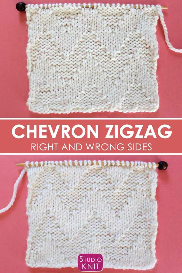 Horizontal Chevron Zigzag Knitting Pattern Right and Wrong Sides of Swatch