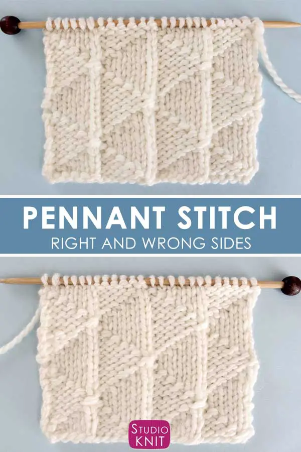 A close up of the right and wrong sides of the Pennant Stitch knitted swatch in white yarn on straight knitting needle