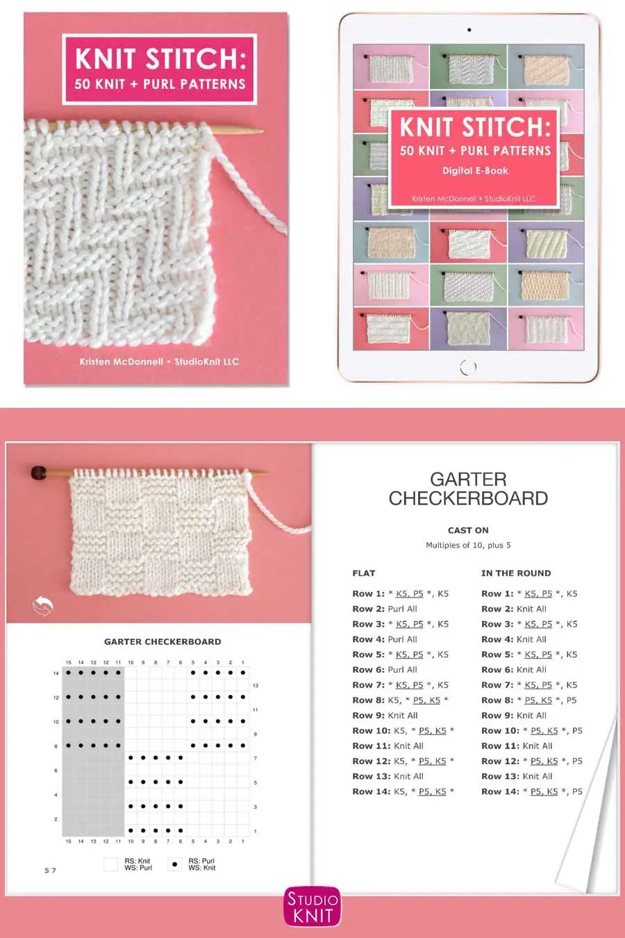 Knit Stitch Pattern Book instructions and knitting chart of Garter Checkerboard Stitch